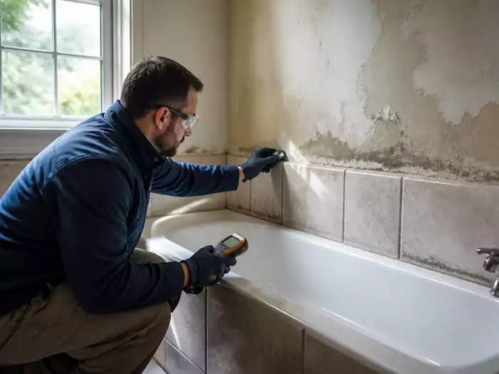 A waterproofing expert assessing a bathroom for water damage in Nambour