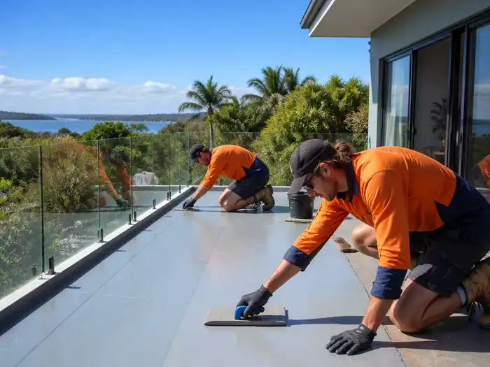 Team applying waterproofing membrane to a balcony in Noosa