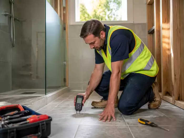 A waterproofing specialist inspecting a home's wet area in Caloundra