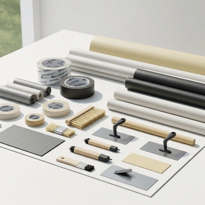 Waterproofing materials and tools laid out for a project