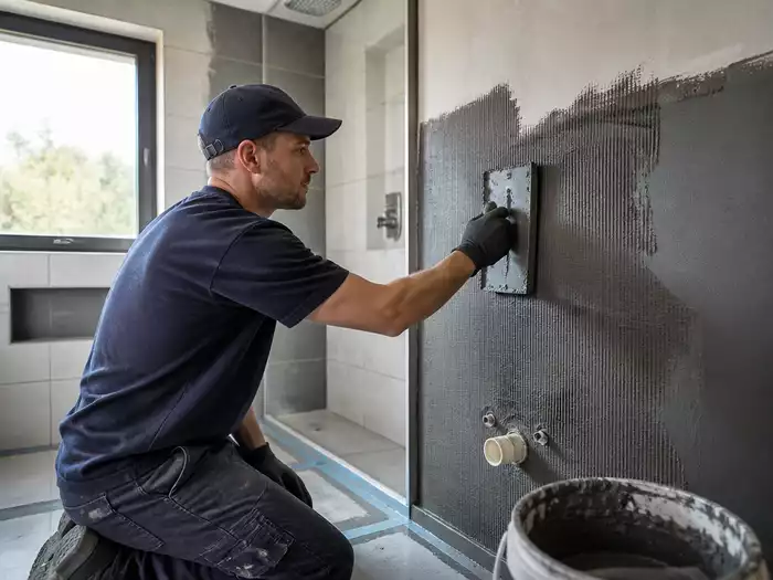 A waterproofing specialist applying a membrane in a Coolum Beach bathroom