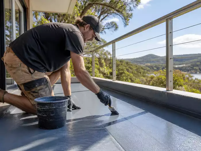 A professional waterproofing expert applying waterproof membrane on a balcony in Tewantin