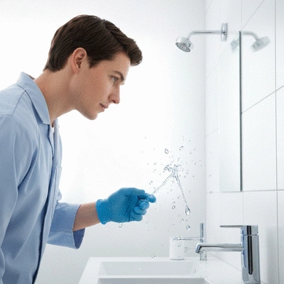 User examining bathroom leak signs