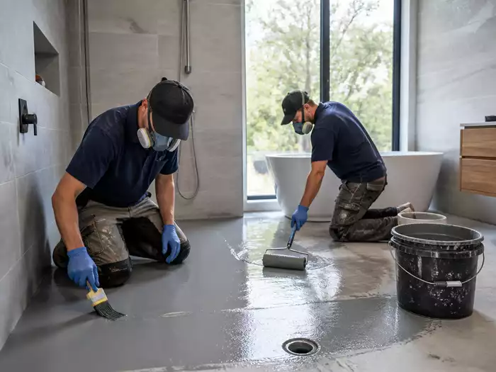 A team of waterproofing specialists installing moisture barriers in a Buderim bathroom