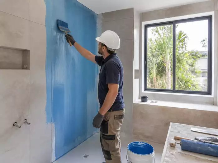 A waterproofing expert applying a moisture barrier in a Maroochydore bathroom
