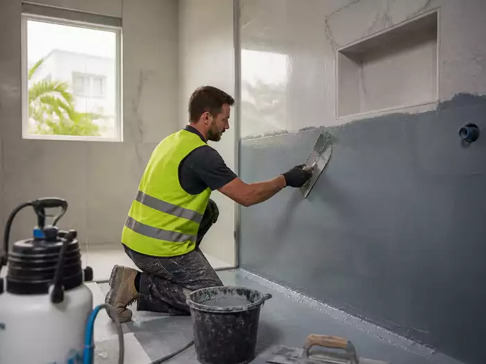 A waterproofing expert applying a moisture barrier in a Maroochydore home