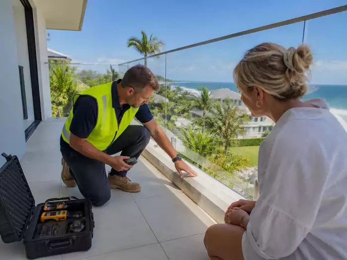 A waterproofing specialist inspecting a balcony in Coolum Beach for potential water damage
