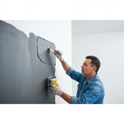 User applying waterproofing material to a wall