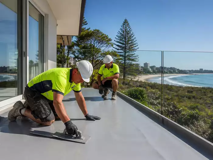 Waterproofing specialists applying a moisture barrier on a coastal balcony in Mooloolaba