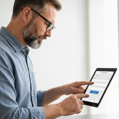 User submitting online form on tablet
