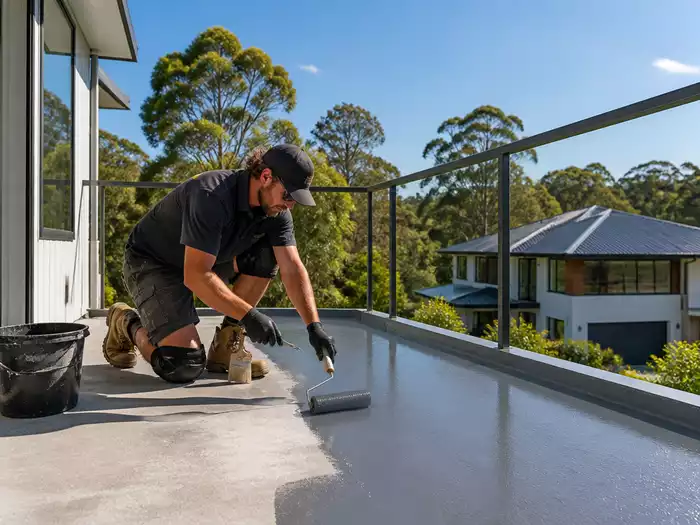 A professional applying waterproofing membrane on a Buderim balcony