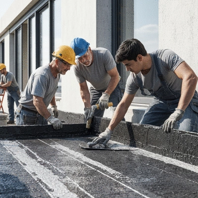 Construction workers applying waterproofing materials