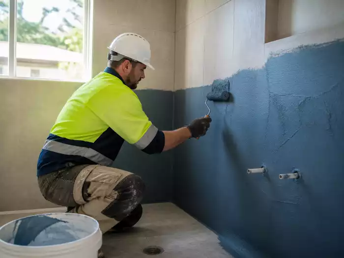 A waterproofing expert applying a moisture barrier in a Tewantin bathroom